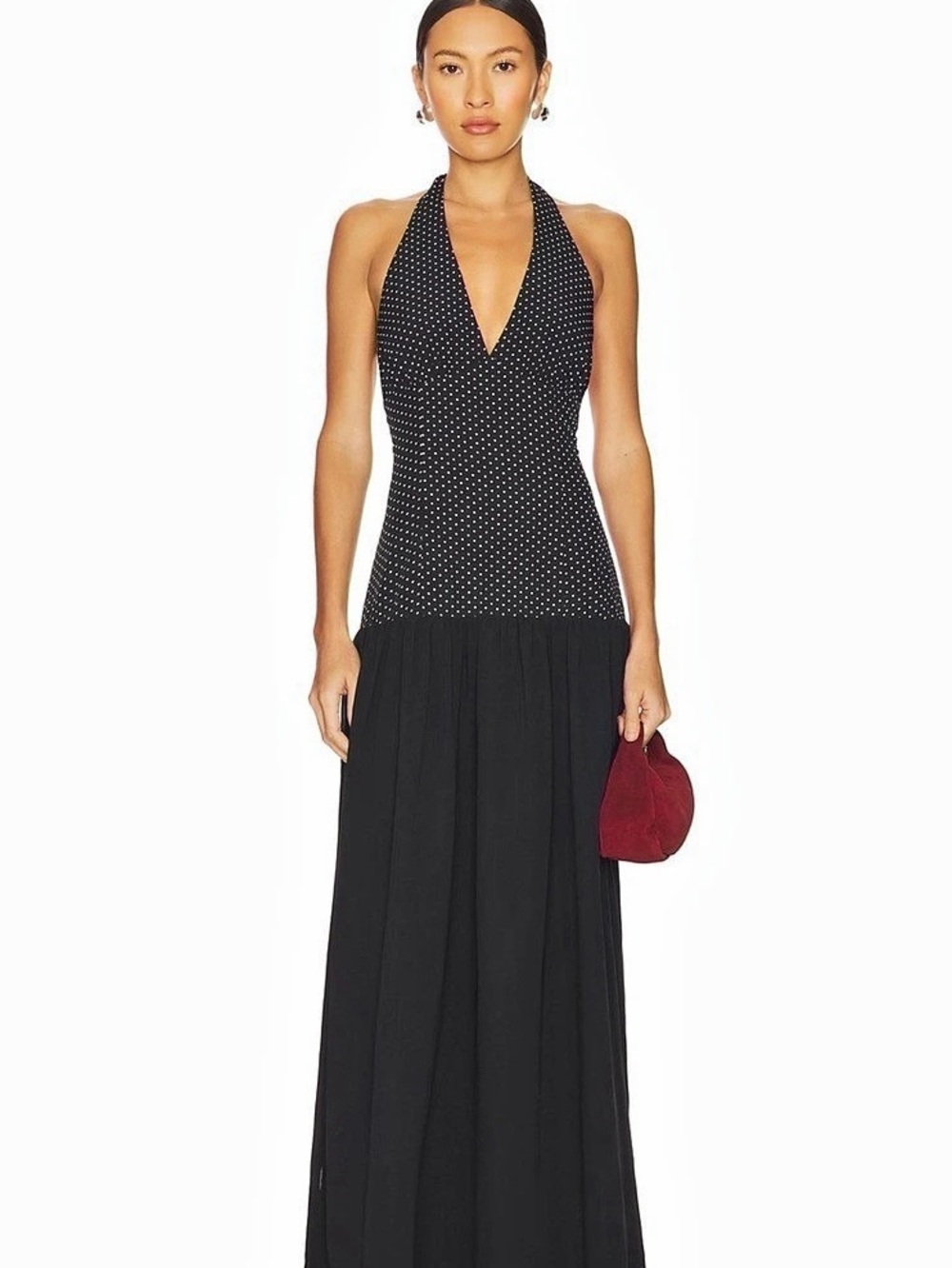 MORE TO COME Olga Halter Dress Polka Dot Maxi in Black & White